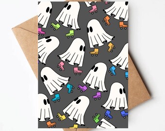 Roller Skating ghost card, cute halloween card, cute ghost greeting card, spooky greeting cards