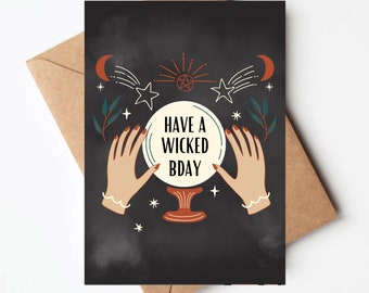Witch birthday card, enchanted crystal ball birthday card, magical birthday card for her, goth birthday card