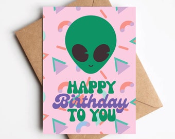 Alien birthday card, funny birthday card, retro birthday card