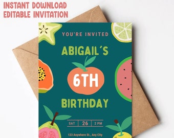 Printable birthday invitation, fruit birthday invitation, fruit themed birthday, kids birthday invitation, printable fruit birthday card