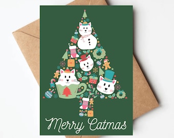 Cat Christmas card, merry catmas, cat lover Christmas card, blank Christmas card