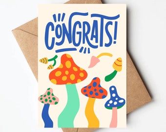 Mushroom Congratulations Card, colorful unique graduation card, mushroom congrats cards for her, mushroom greeting cards