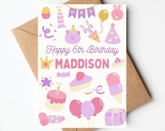 Personalized girls birthday card, little girl birthday card, birthday card with custom name, cute kids birthday card