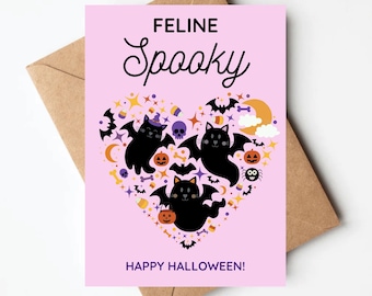 Cat Halloween card, feline spooky, cat bats, cat ghosts, funny halloween card for cat lovers