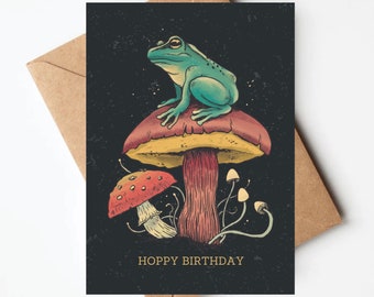 Vintage toadstool birthday card, birthday card for her, mushroom and frog birthday card with envelope