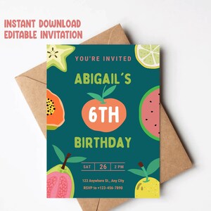 Invitación de cumpleaños imprimible, invitación de cumpleaños de frutas, cumpleaños temático de frutas, invitación de cumpleaños de niños, tarjeta de cumpleaños de frutas imprimible