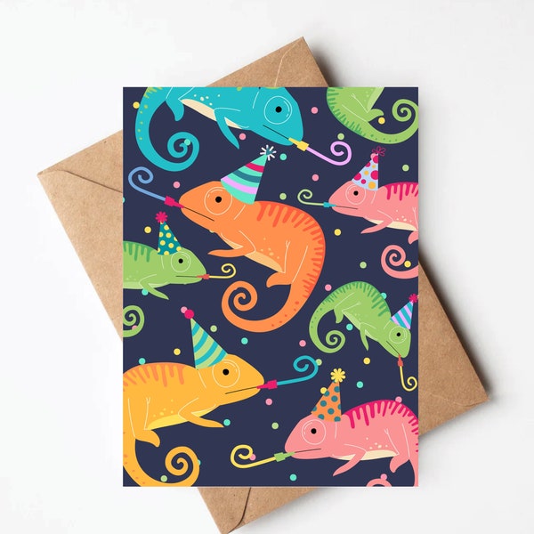 Colorful chameleon birthday card, funny birthday card, kids birthday card, lizard birthday card