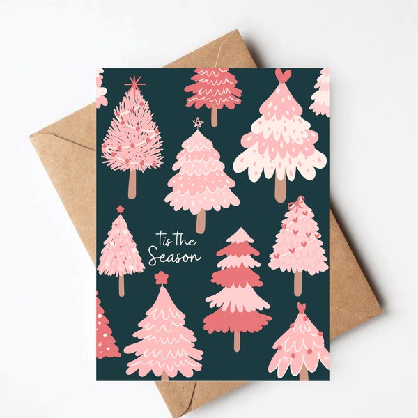 Modern pink Christmas tree card, pastel Christmas cards, whimsical Christmas card, cute Christmas cards