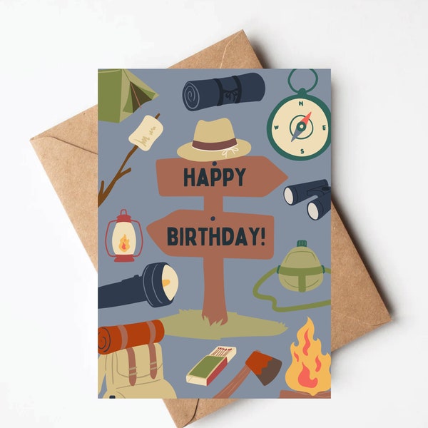 Camp birthday card, birthday card for him, guy birthday card, adventure birthday card, camp lover card