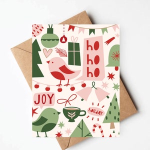 Pink and green bird Christmas card, pastel pink Christmas cards, whimsical Christmas card, cute Christmas cards