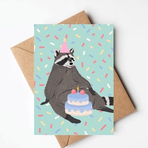 Funny Raccoon eating cake birthday card, trash panda birthday card, funny birthday card for friend