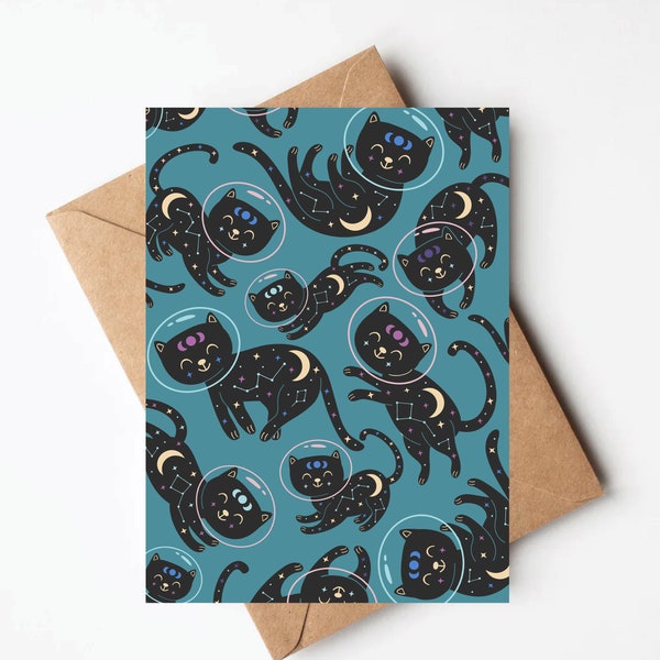 Galaxy space cat greeting card, space birthday card, galaxy birthday card, cat birthday card, cute cat greeting cards