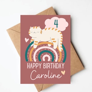 Personalized little girl birthday card, kids birthday card, cat birthday card with custom name, cute kids rainbow birthday card