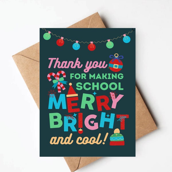 Teacher Christmas card, teacher holiday thank you card, cute teacher Christmas gift