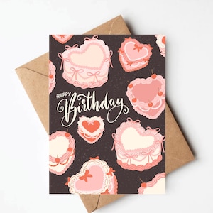 Pink Vintage heart cake birthday card, coquette girly birthday card for her, unique birthday cards