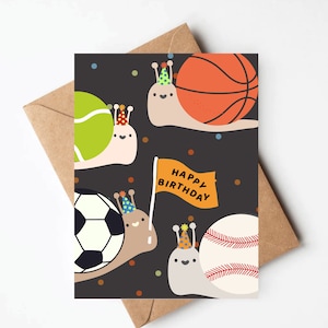 Sports balls Snail birthday card, funny illustrated birthday card for boys, cute kids sports birthday card image 1
