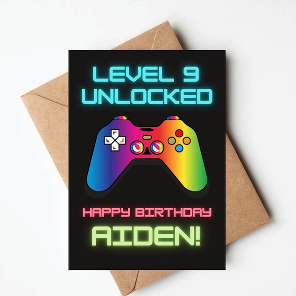 Personalized boys birthday card, video game birthday card with name, customized birthday card