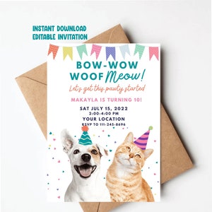 Pu&ograve; includere: Un invito di compleanno stampabile con un cane e un gatto che indossano cappelli da festa. L'invito dice "Bow-Wow Woof Meow! Let's get this pawty started. Makayla is turning 10! Sat July 15, 2022 2:00-4:00 PM Your Location RSVP to 111-245-8696"