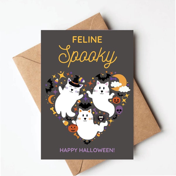 Cat Halloween card, feline spooky, funny halloween card for cat lovers