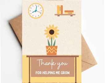 Teacher appreciation card, teacher thank you card, teacher appreciation week gift, thank you for helping me grow
