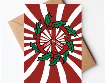 Tarjeta navideña con el símbolo de la paz, tarjeta navideña hippie, tarjeta navideña psicodélica, paz en la tierra, tarjeta navideña retro
