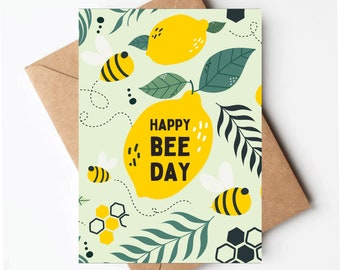 Bee birthday card, happy bee day, bumblebee birthday card for her, lemon birthday card, pretty birthday card