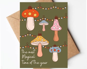 Retro mushroom Christmas card, groovy Christmas card, cute holiday cards, hippie Christmas card, retro holiday cards