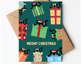 Funny black cat Christmas card, Cat holiday card, blank Christmas cards, Christmas card for cat lover, meowy Christmas, funny Christmas card