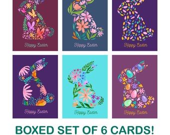 Boxed set of 6 Easter cards, pretty easter card set, bunny easter cards, floral botanical bunny easter cards