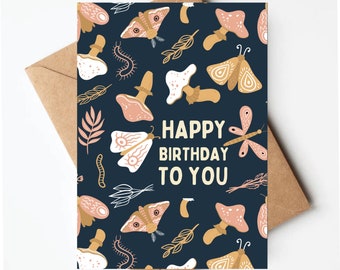 Mushroom birthday card, moth birthday card for her, unique mushroom birthday card with envelope, vintage birthday card