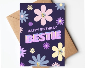 Retro birthday card, 90s kid birthday card, bestie birthday card, birthday card for her, retro flower card