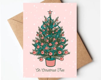 Pink Christmas tree card, pastel Christmas cards, whimsical Christmas card, cute Christmas cards