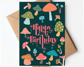 Whimsical Mushroom birthday card, birthday card for her, colorful mushroom birthday card with envelope