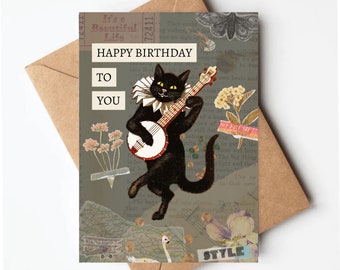 Vintage cat birthday card, funny cat birthday card, vintage collage birthday card, birthday card for her, unique birthday card