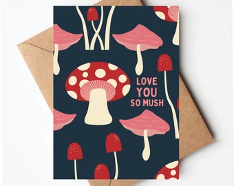 Mushroom valentines day card, love you so mush, cute mushroom card, valentines day card for her