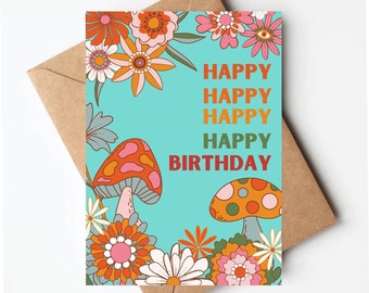 Groovy mushroom birthday card, birthday card for her, peace sign hippie birthday card, retro flower card, hippie birthday card