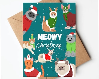 Cute cat Christmas card, meowy Christmas, cat lover Christmas card, funny Christmas card