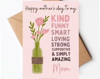 Sentimental mothers day card, pretty mothers day card, flower mothers day card, poem mothers day card, pretty card for mom