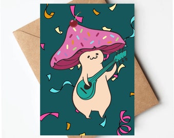 Cute mushroom people birthday card, mushroom people card, colorful birthday card, mushroom lover card