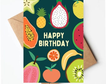 Fruit birthday card, colorful fun birthday card, fruit lover card, vegan birthday card