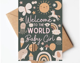 Boho baby card, new baby card, welcome to the world baby girl, new baby girl card