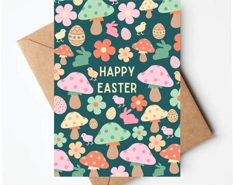 Mushroom Easter card, Cute spring mushroom greeting card, pastel mushrooms, cottagecore easter card