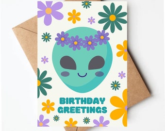Retro alien birthday card, flower alien card, funny unique birthday card for her