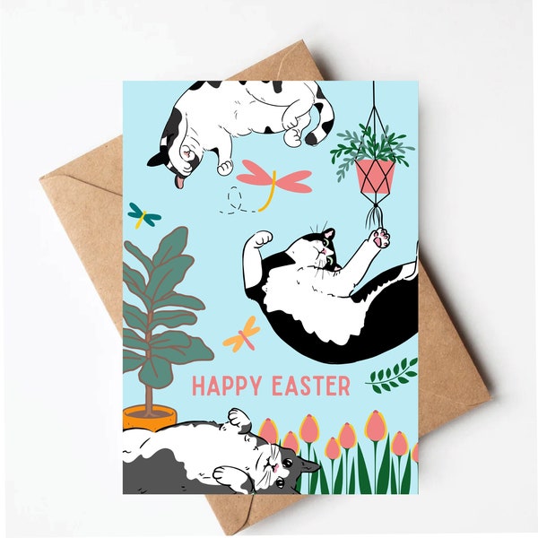 Cute tuxedo cat Easter card, cute Easter card for cat lover, unique easter greeting cards