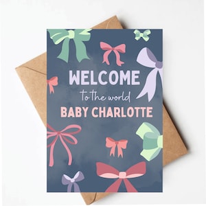 Personalized new baby card, new baby girl card, bow baby card, custom name baby card, new mom card