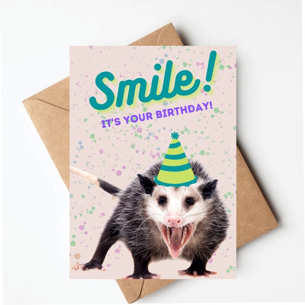 Funny possum birthday card, opossum birthday card, funny animal birthday card, smile it's your birthday