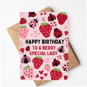 Ladybug birthday card, strawberry birthday card, unique colorful birthday card for her, cute birthday card, girls birthday card