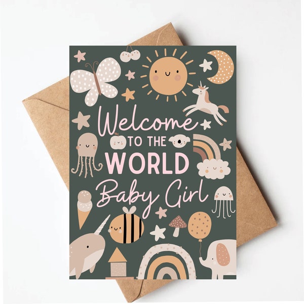 Boho baby card, new baby card, welcome to the world baby girl, new baby girl card