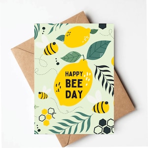 Bee birthday card, happy bee day, bumblebee birthday card for her, lemon birthday card, pretty birthday card