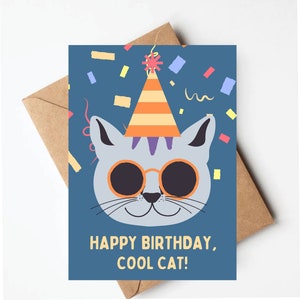 Cute cat birthday card, happy birthday cool cat, kids cat birthday card, colorful cat birthday card